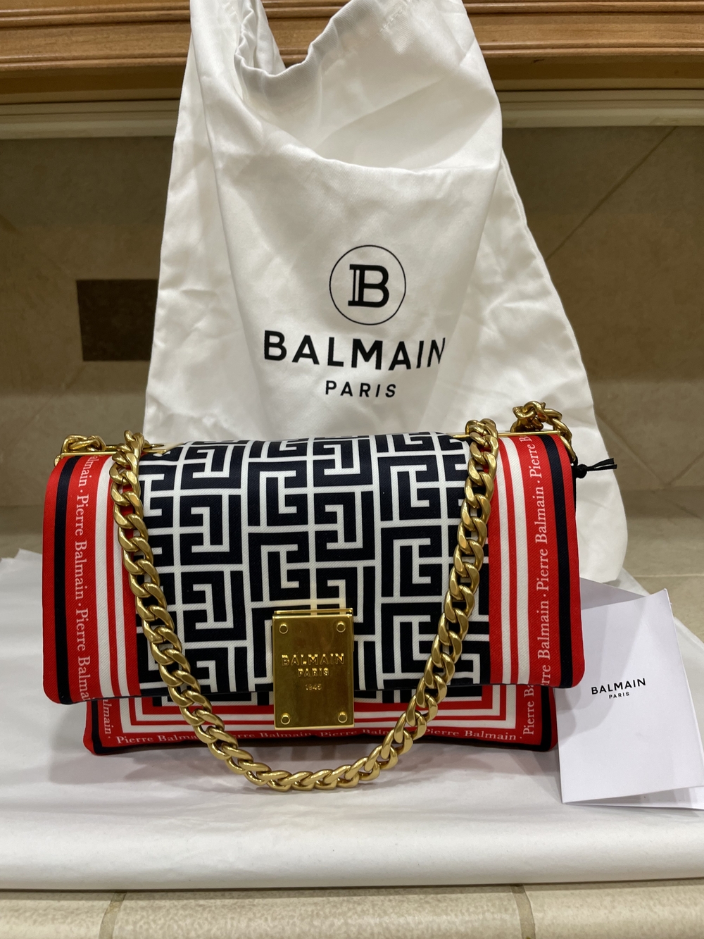 Balmain 1945 Soft Small Monogram Shoulder Bag NWT Gold Chain Authentic